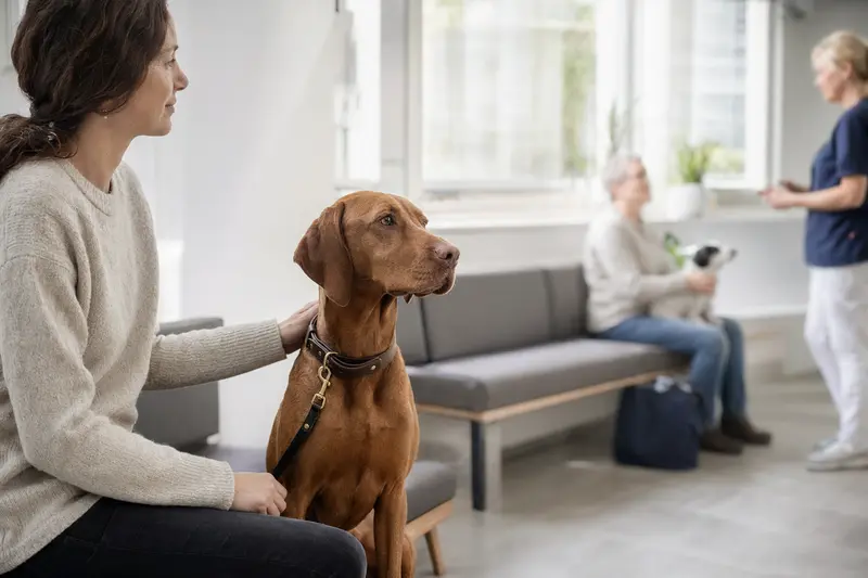 Ein Vizsla Hund sitzt ruhig neben seinem Besitzer im hellen Wartezimmer einer modernen Tierarztpraxis.